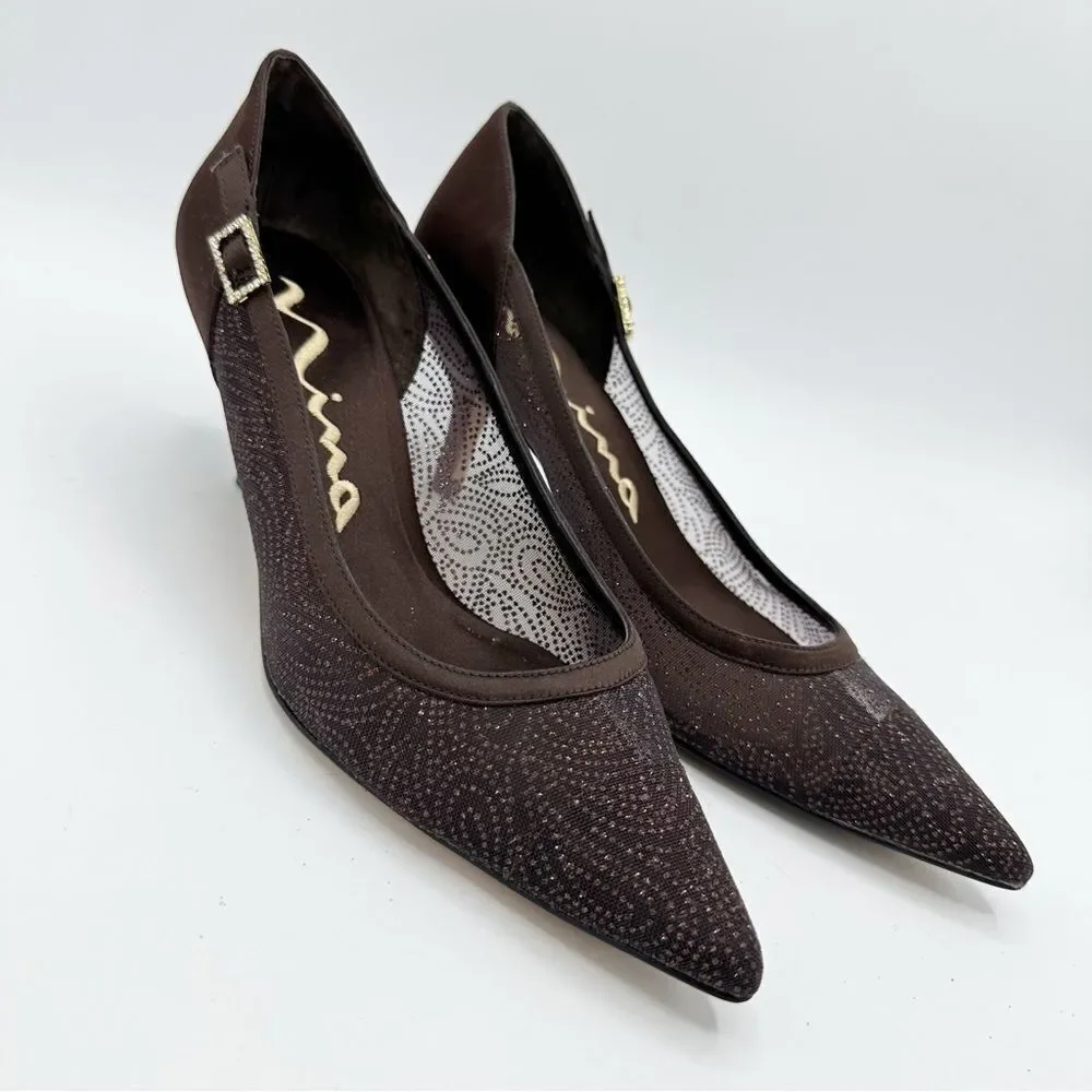 Women's Nina Cocoa Brown Sheer Glitter Satin Formal Pumps Heels Shoes size 8M‎